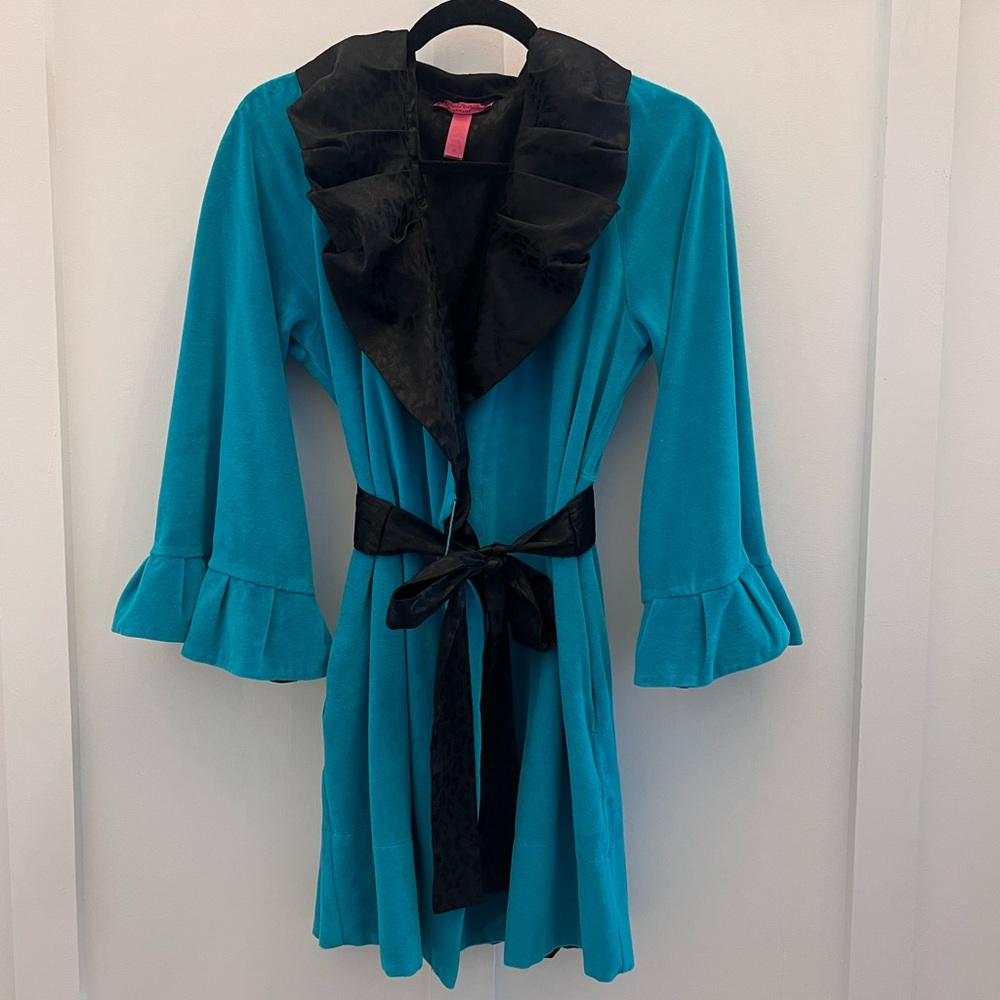 Y2K 90s Vintage Betsy Johnson Robe ~Women’s M Teal & Black Ruffled Leopard Print